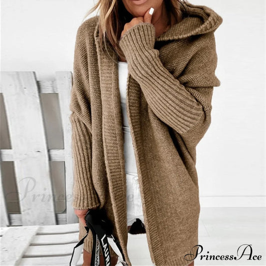 Long Hooded Cardigan Women Solid Color Braid Knit Overcoat Khaki / S