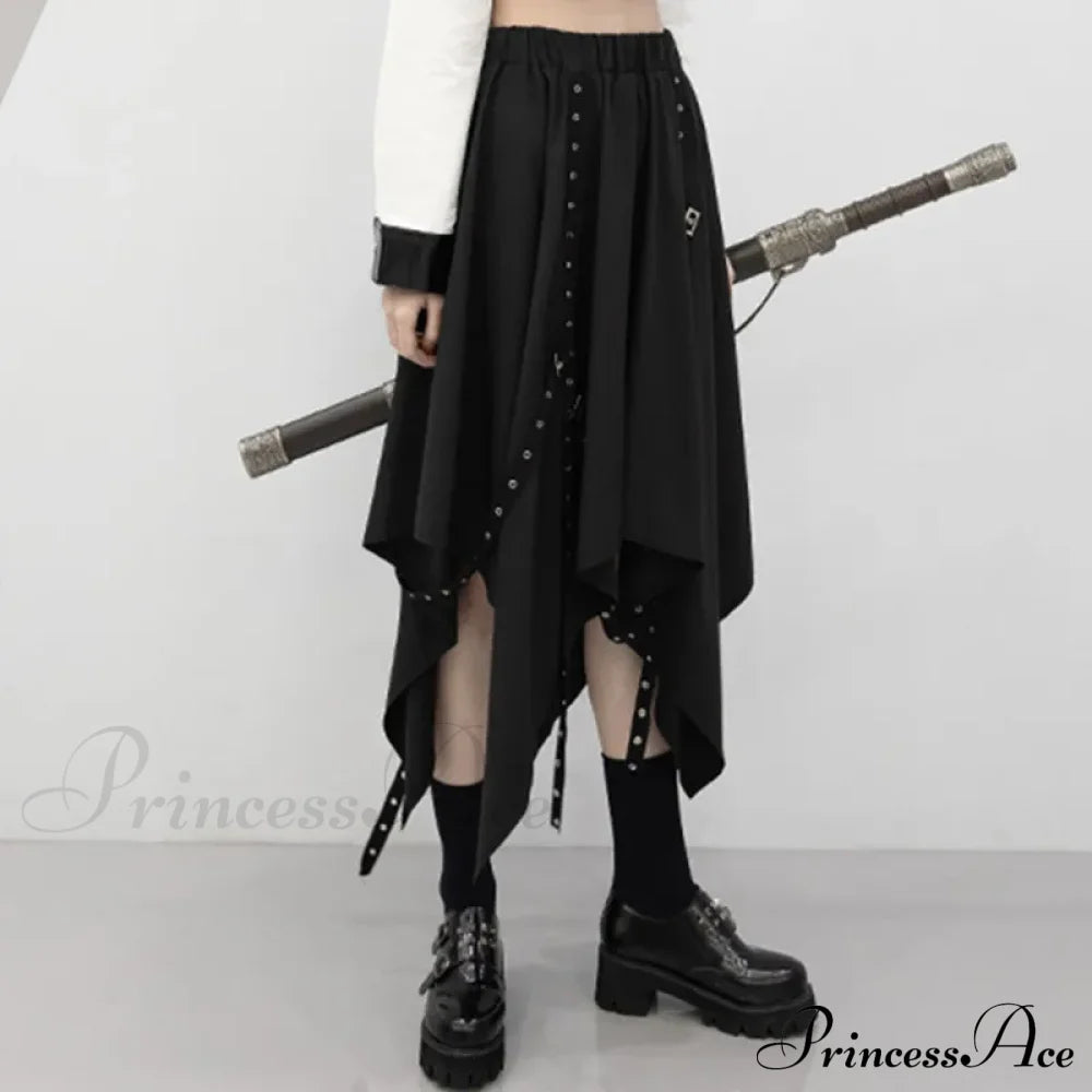 Long Irregular Dark Tie Street Wind Weave Buckle Y2K Skirt Black / One Size Halloween