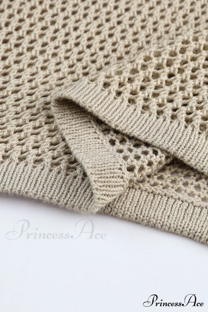 Long Khaki Arm Top Hollow-Out Knit With Detail Tops