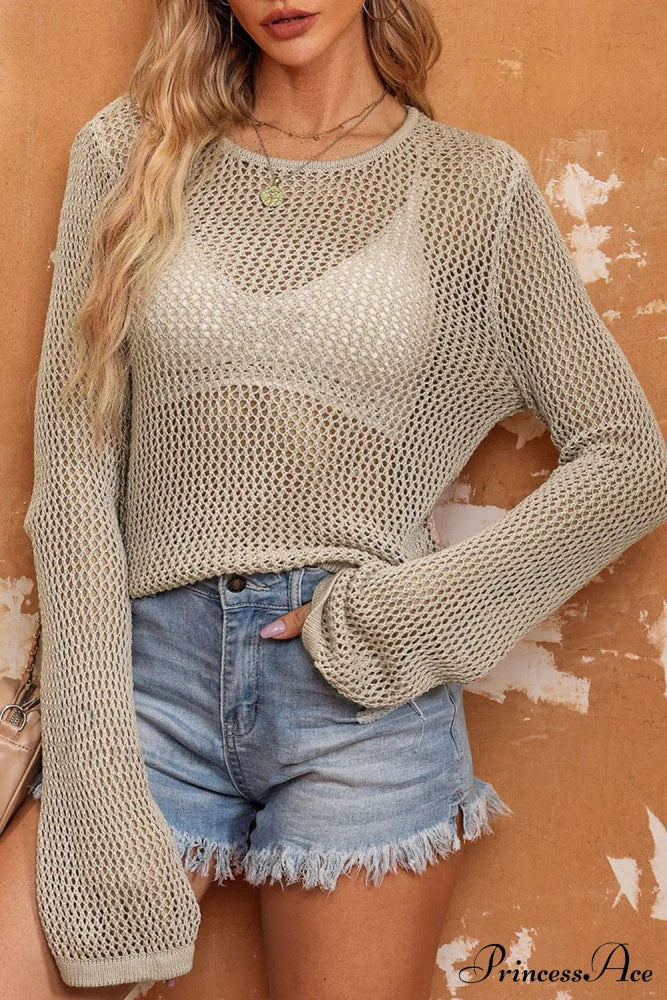 Long Khaki Arm Top Hollow-Out Knit With Detail Tops
