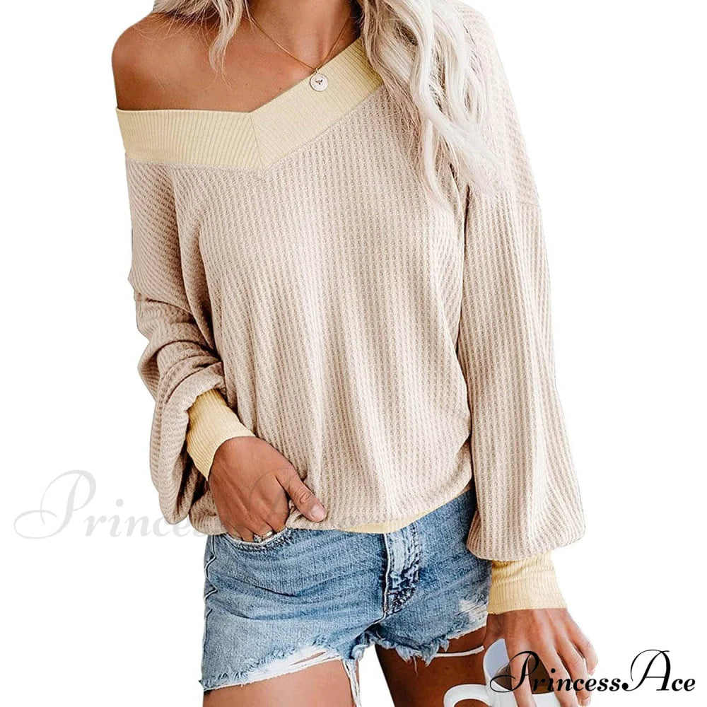 Women's V Neck Long Sleeve Waffle Knit Top Off Shoulder Oversized Pullover Sweater Apricot __stock:500 clothes refund_fee:800 tops