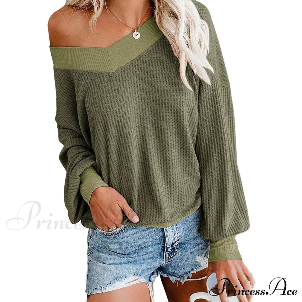 Women's V Neck Long Sleeve Waffle Knit Top Off Shoulder Oversized Pullover Sweater Army Green __stock:500 clothes refund_fee:800 tops