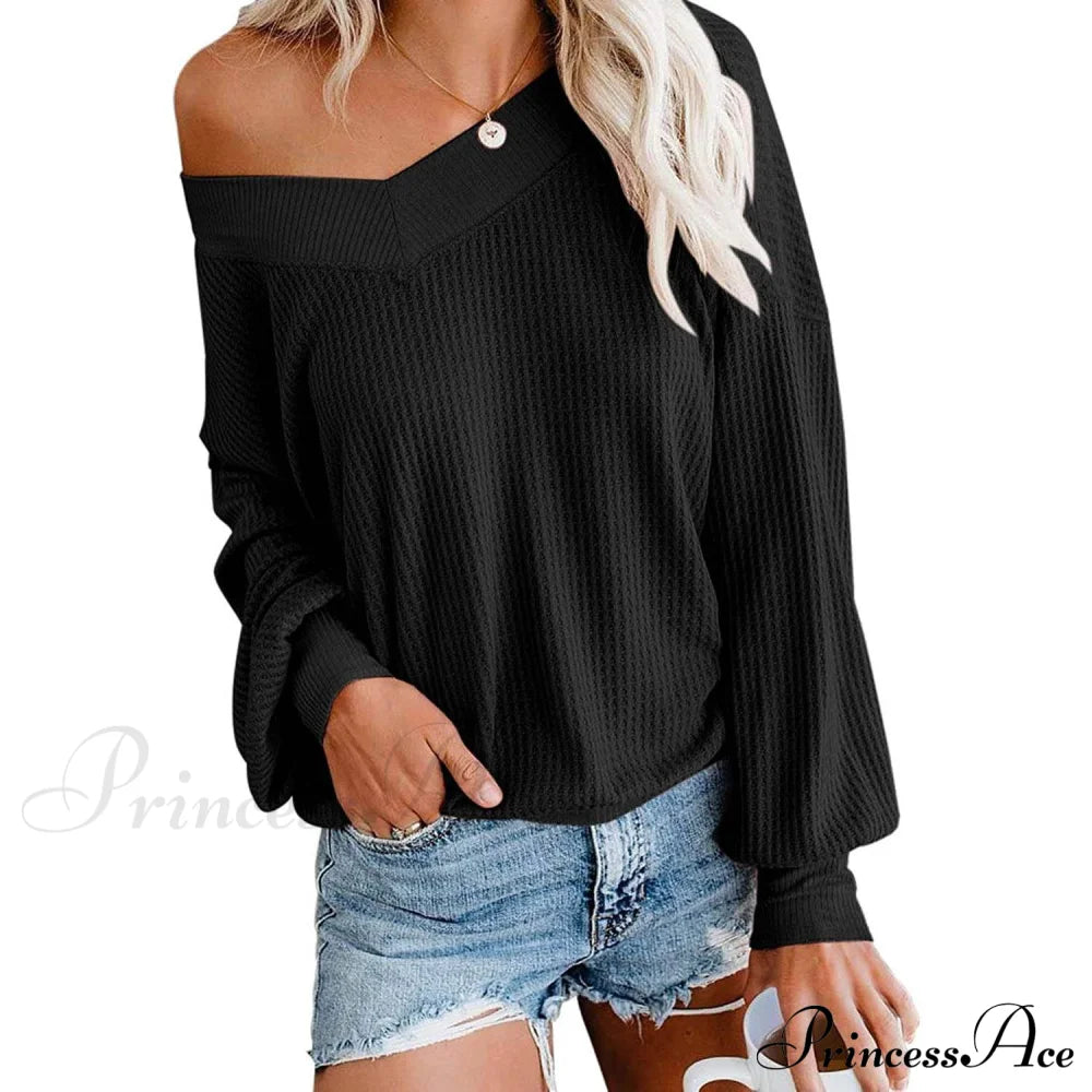 Women's V Neck Long Sleeve Waffle Knit Top Off Shoulder Oversized Pullover Sweater Black __stock:500 clothes refund_fee:800 tops