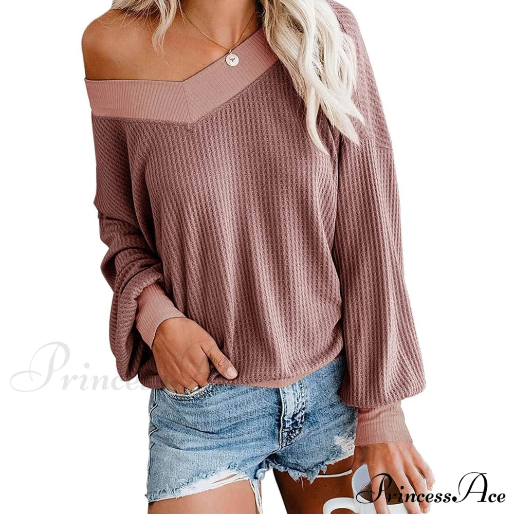 Women's V Neck Long Sleeve Waffle Knit Top Off Shoulder Oversized Pullover Sweater Mauve __stock:500 clothes refund_fee:800 tops