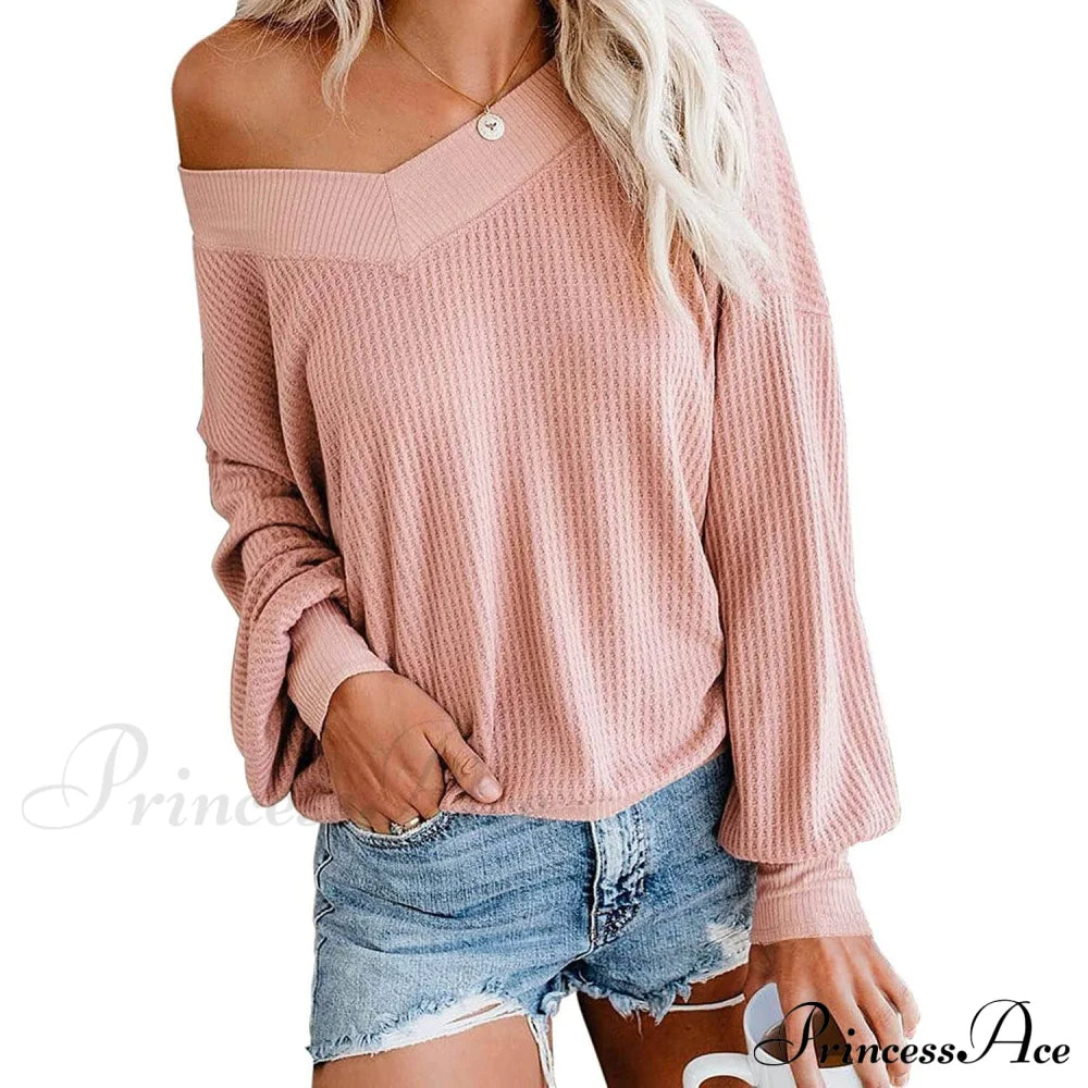 Women's V Neck Long Sleeve Waffle Knit Top Off Shoulder Oversized Pullover Sweater Pink __stock:500 clothes refund_fee:800 tops