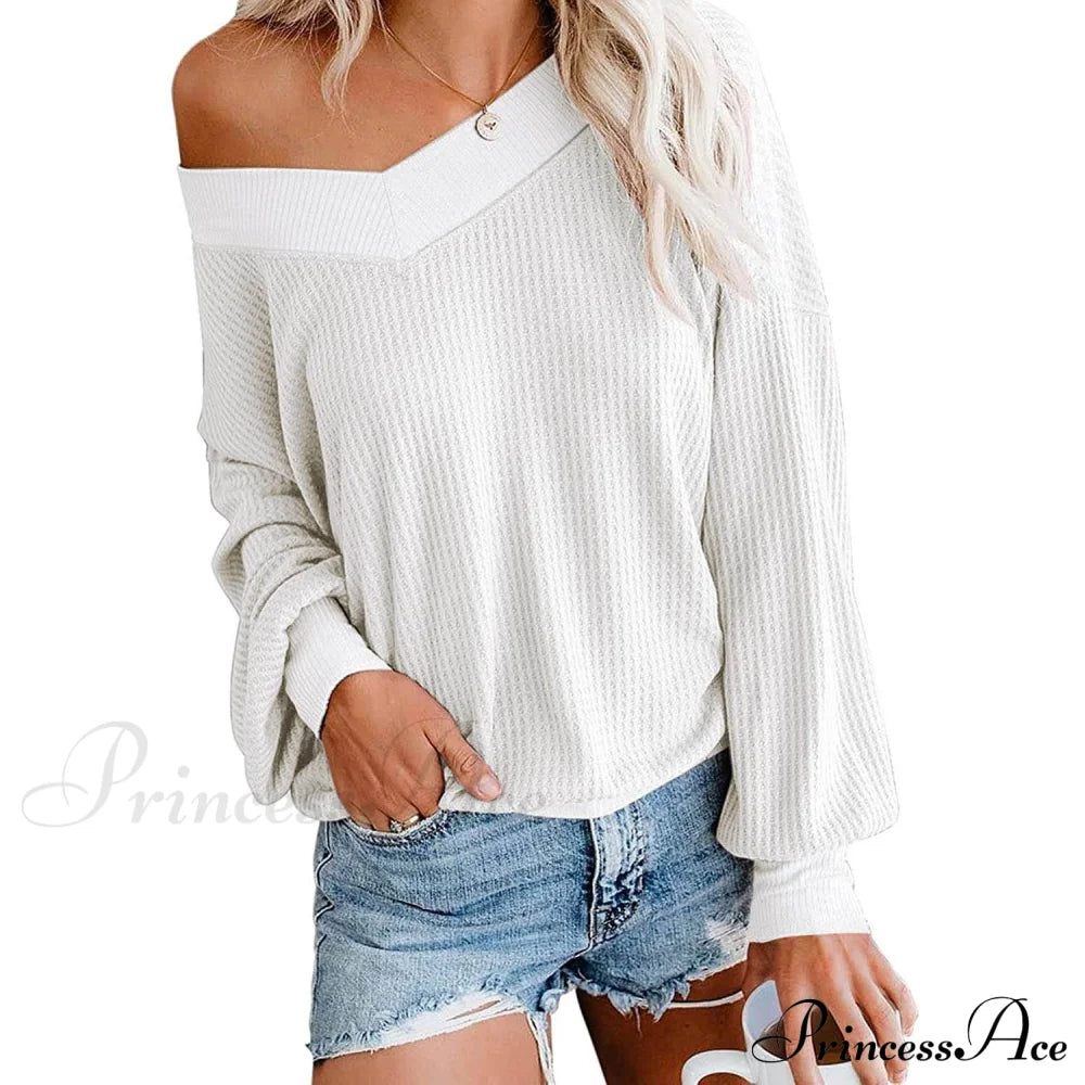 Women's V Neck Long Sleeve Waffle Knit Top Off Shoulder Oversized Pullover Sweater White __stock:500 clothes refund_fee:800 tops