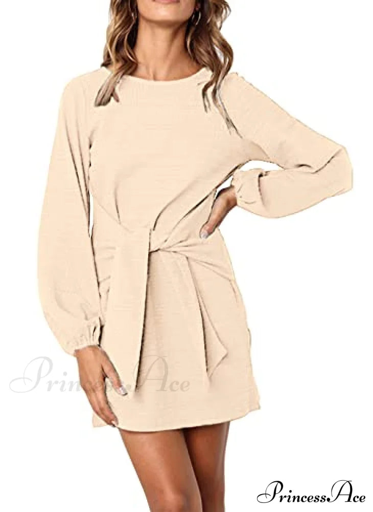 Long Lantern Sleeve Short Crewneck Tie Waist Knit Dress