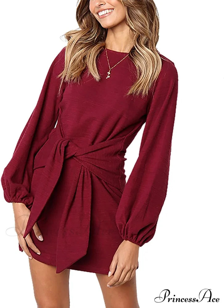 Long Lantern Sleeve Short Crewneck Tie Waist Knit Dress Wine Red / Small