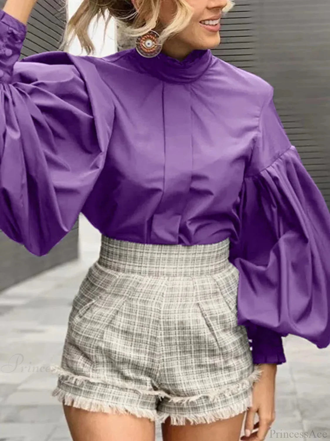 Long Lantern Sleeve Solid Purple Blouse Chic Blouse Purple / S blouse-250126