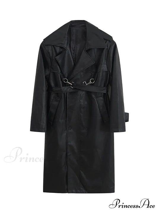 Long Oversized Black Brown Pu Leather Double Breasted Loose Luxury Designer Stylish Coat Coats-L