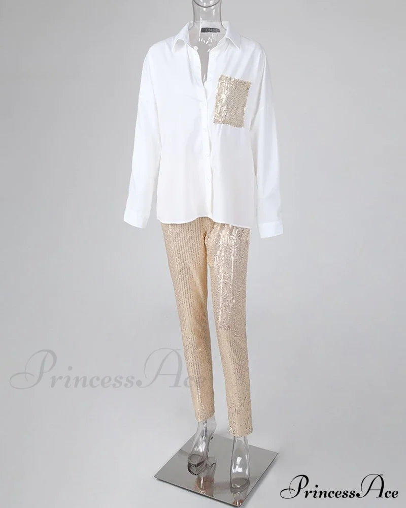 Long Piece Pants Arm Top - Sequin And Set For Outfit Two Women