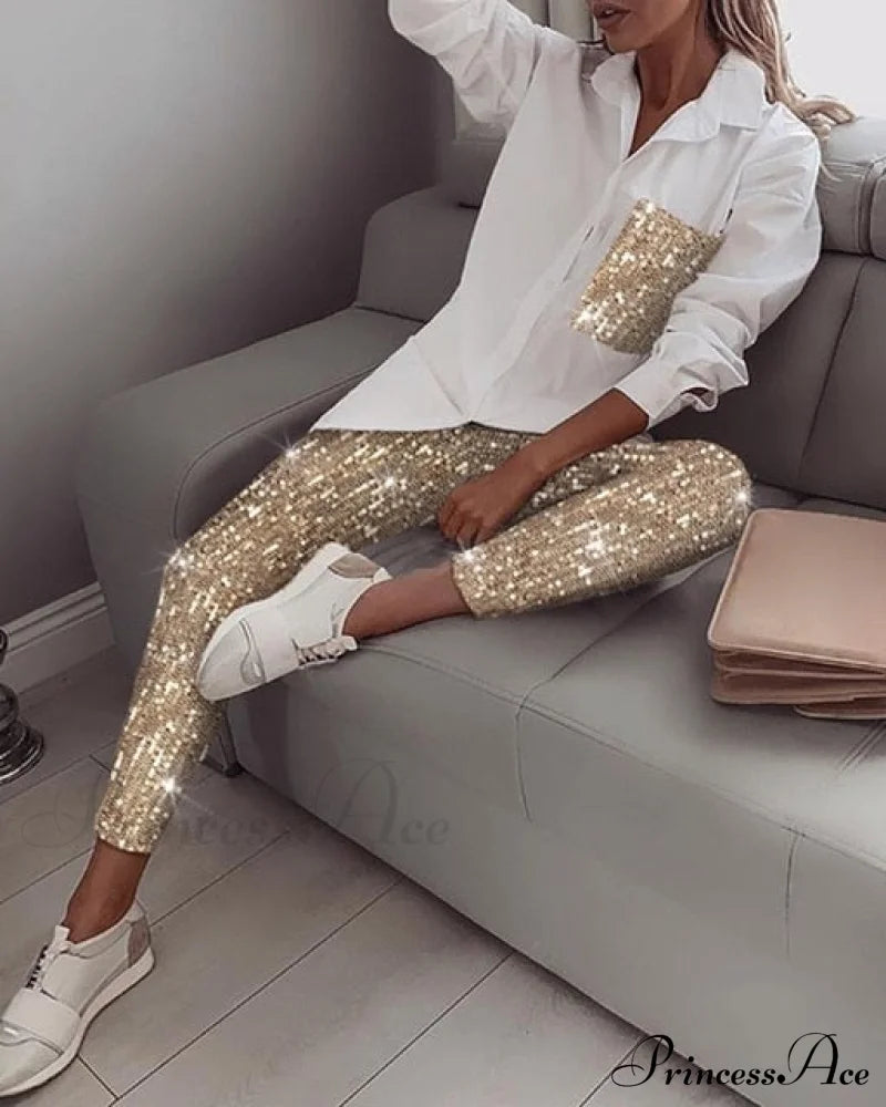 Long Piece Pants Arm Top - Sequin And Set For Outfit Two Women White / M