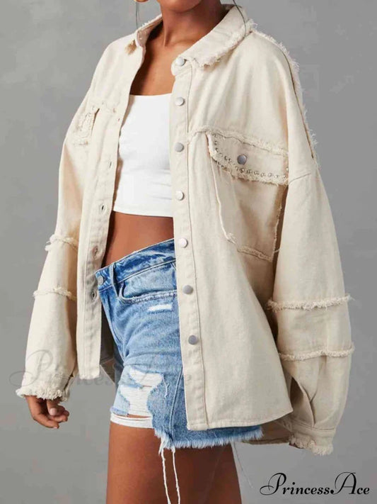 Button Down Raw Hem Denim Long Sleeve Top Jacket Ivory clothes denim shirt denim shirts long sleeve long sleeve shirt long sleeve shirts long sleeve top long sleeve tops Ship From Overseas Y.Y@Denim