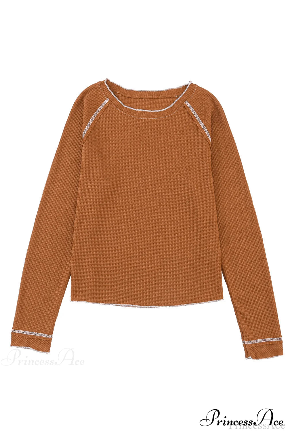 Long Round Arm Neck Brown Textured Top Tops