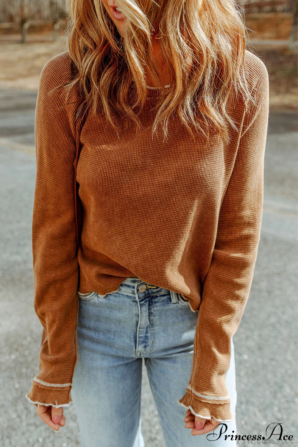 Long Round Arm Neck Brown Textured Top Tops