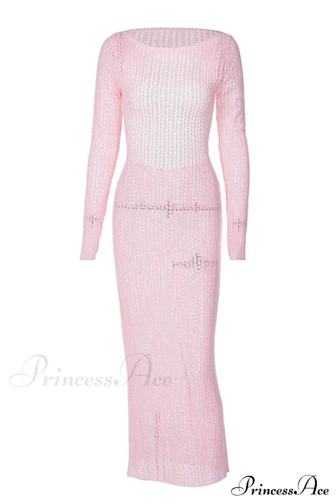 Long Sleeve Backless Knitted Midi Dress With Hollow Out Design Dresses