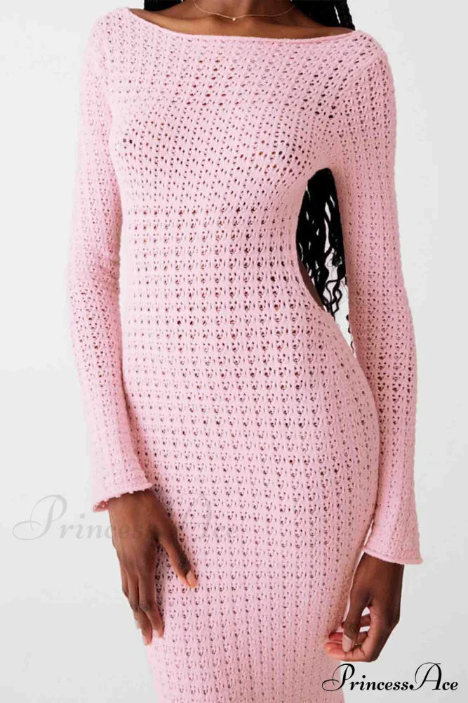 Long Sleeve Backless Knitted Midi Dress With Hollow Out Design Dresses