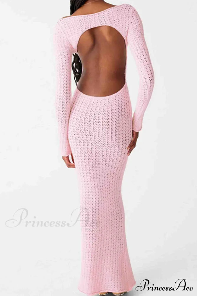 Long Sleeve Backless Knitted Midi Dress With Hollow Out Design Pink / L Dresses