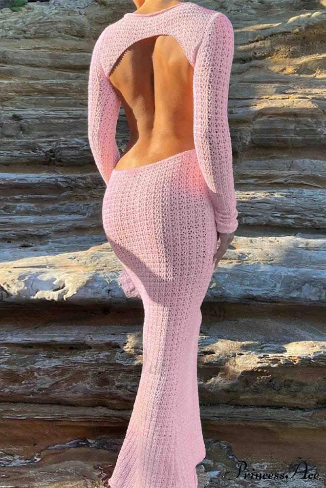 Long Sleeve Backless Knitted Midi Dress With Hollow Out Design Pink / S Dresses