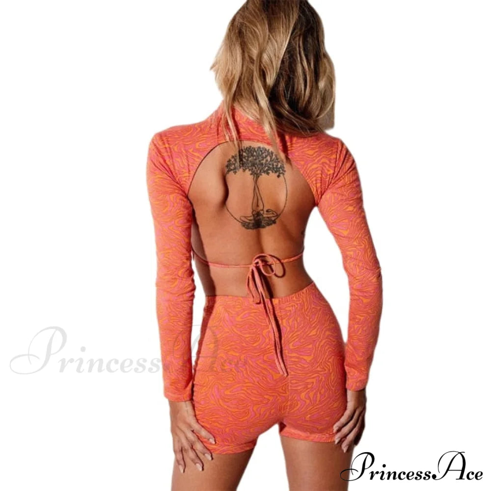 Long Sleeve Backless Sexey Tees Top Orange / S