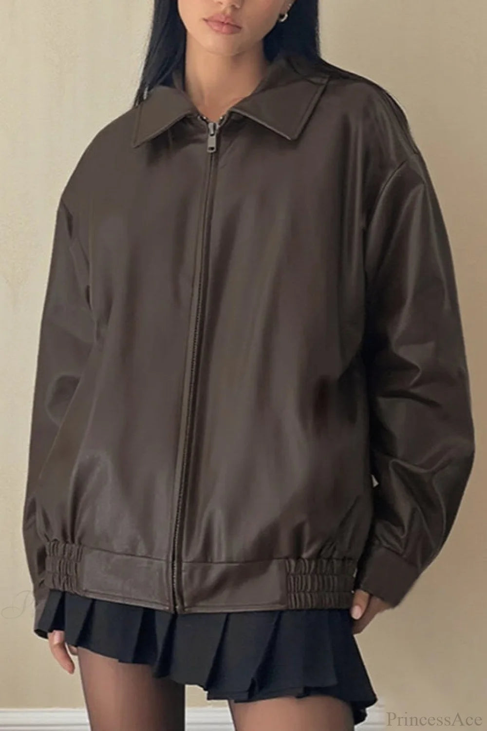 Long Sleeve Basic Loose Zipper Leather Coat Brown / S