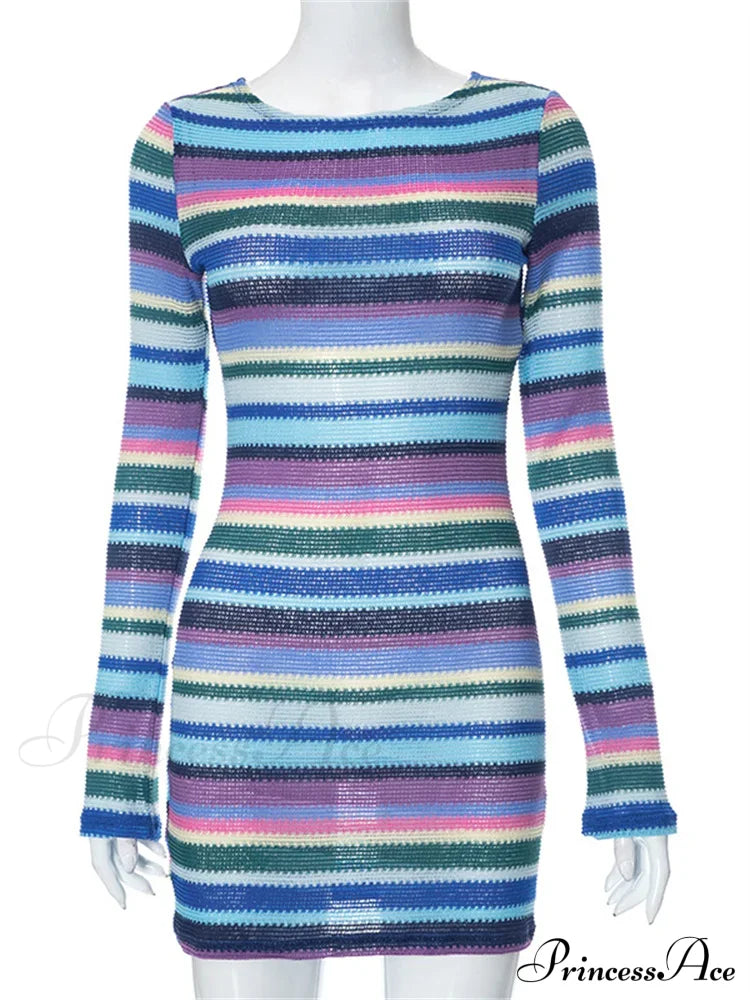 Long Sleeve Casual Striped Backless Fall Party Mini Dress