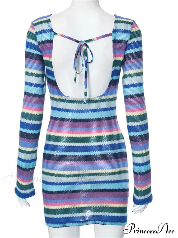 Long Sleeve Casual Striped Backless Fall Party Mini Dress