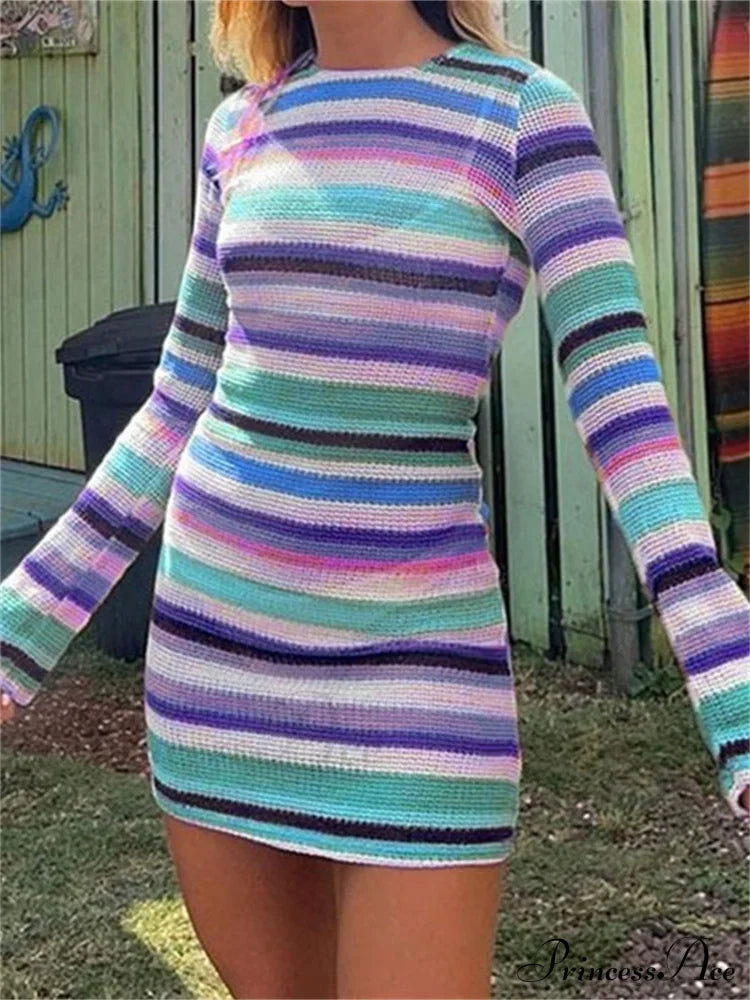 Long Sleeve Casual Striped Backless Fall Party Mini Dress Colorful / S