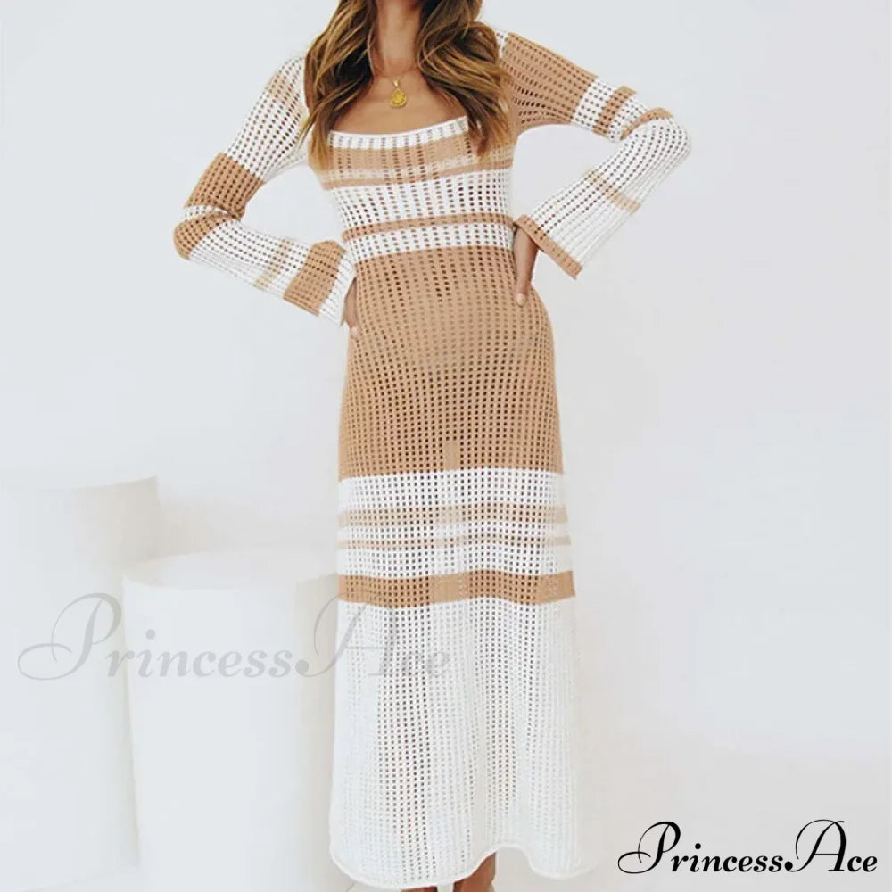 Long Sleeve Commute Robe Maxi Dress Khaki / S