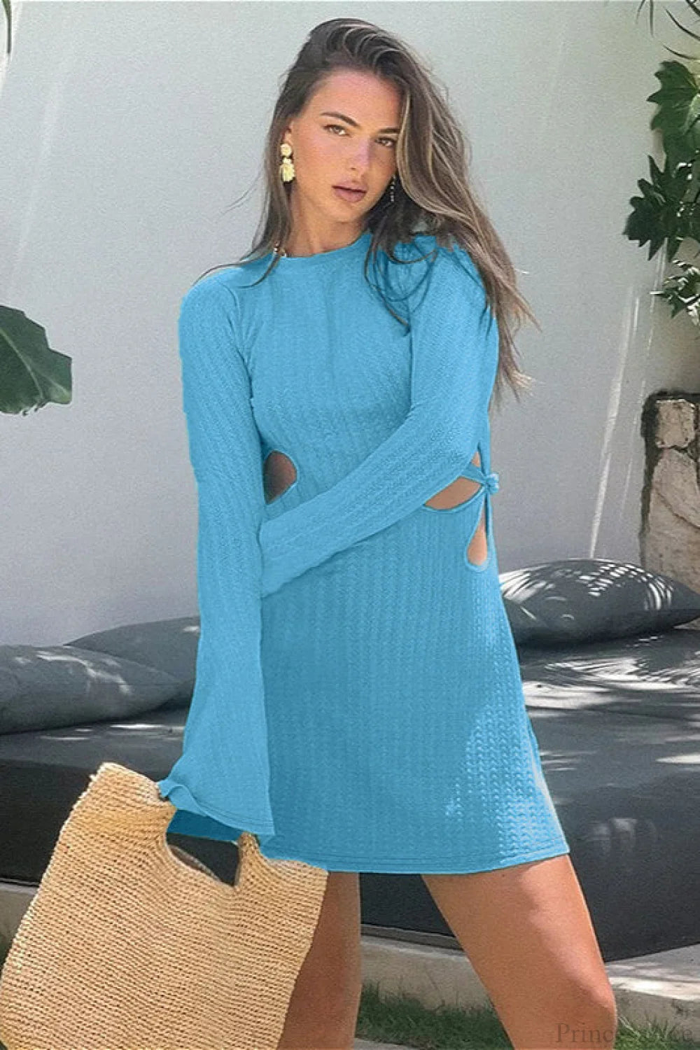 Long Sleeve Cutout Waist Bodycon Mini Dress