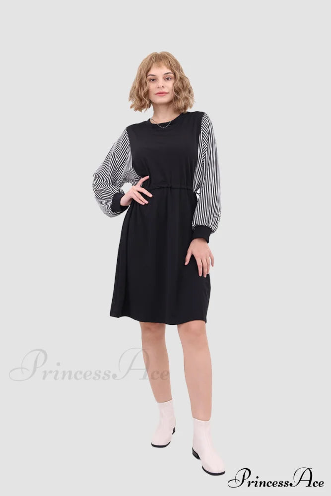 Long Sleeve Dress With Drawstring Waist Black / M Midi Dresses