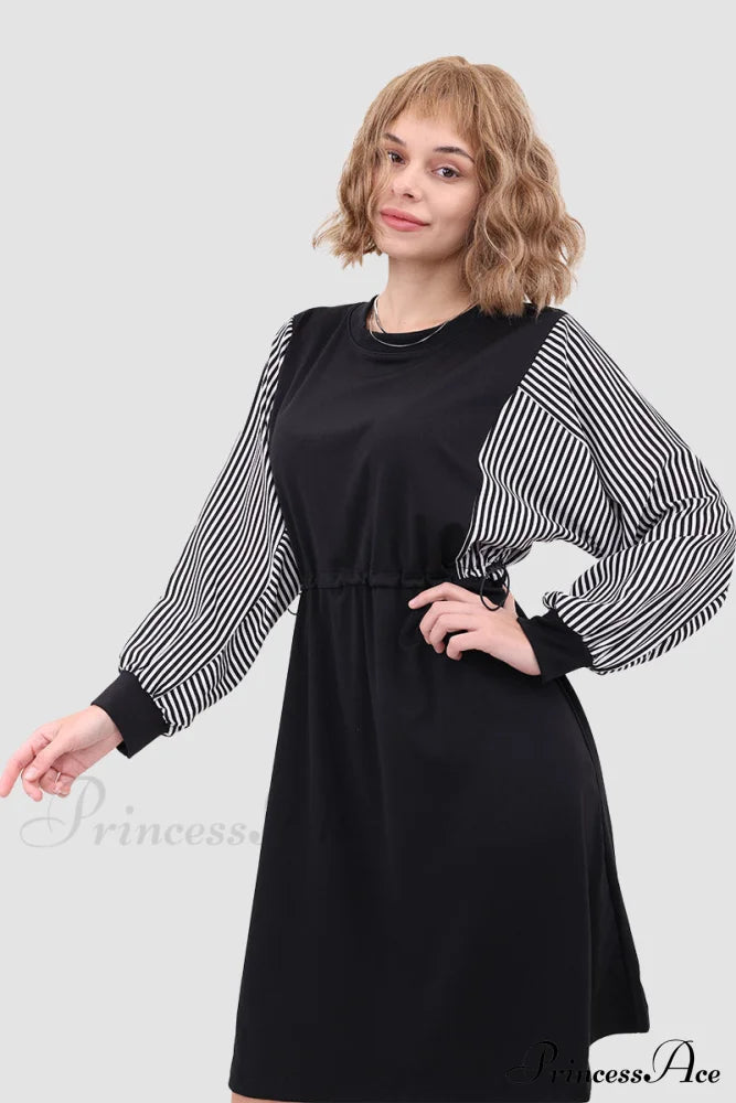 Long Sleeve Dress With Drawstring Waist Black / Xl Midi Dresses