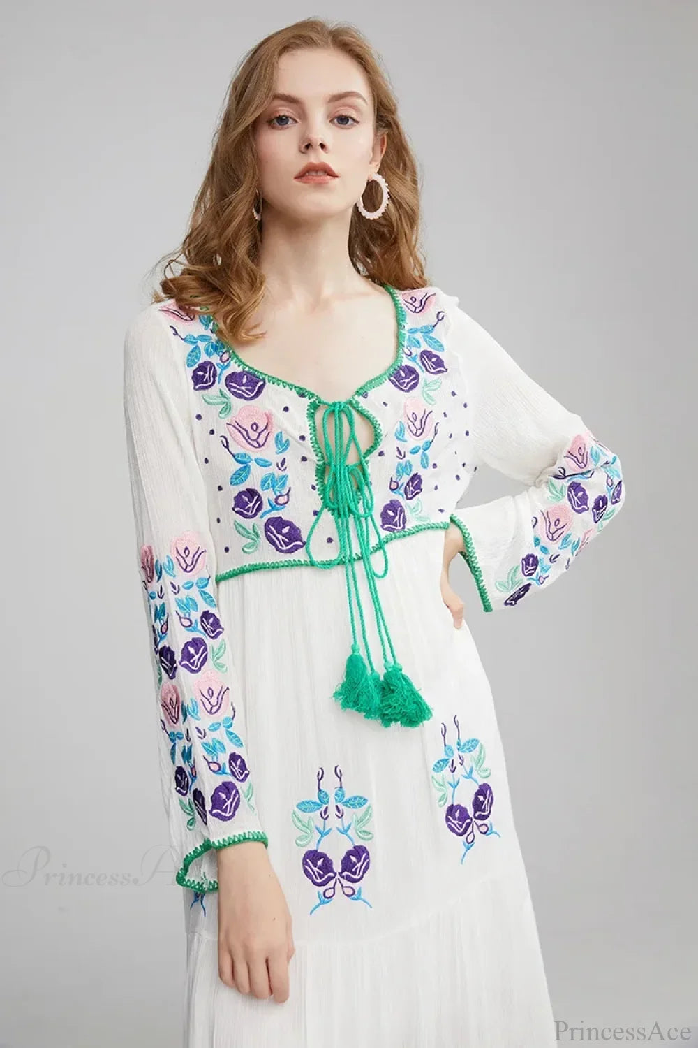Long Sleeve Ethnic Tunic Maxi Dress bohodress-250126