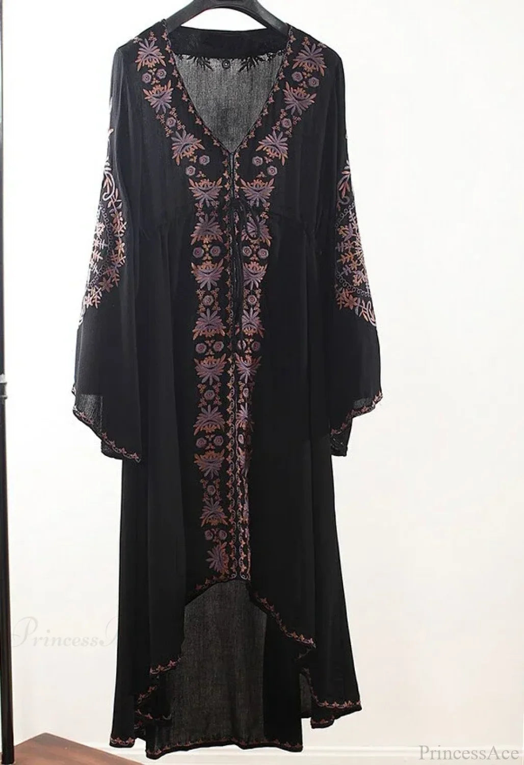 Long Sleeve Floral Embroidered Cotton Boho Dress Black / S bohocoverup-250126