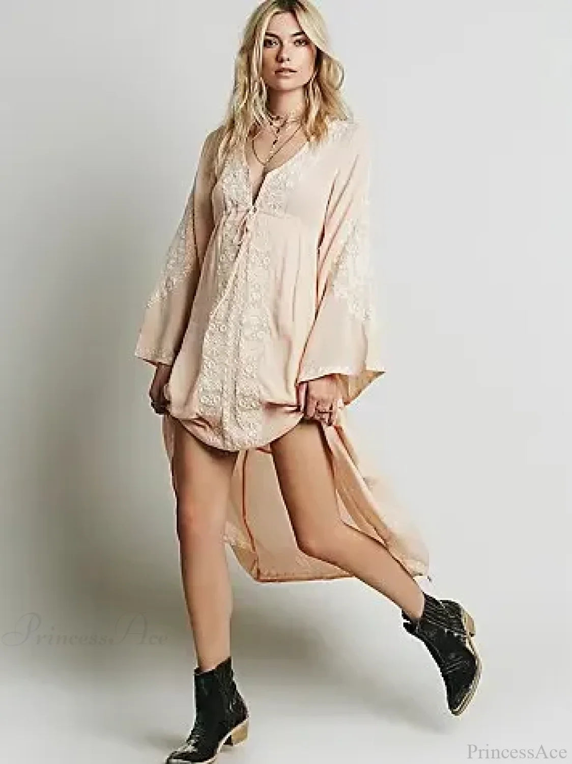 Long Sleeve Floral Embroidered Cotton Boho Dress Orange Pink / S bohocoverup-250126