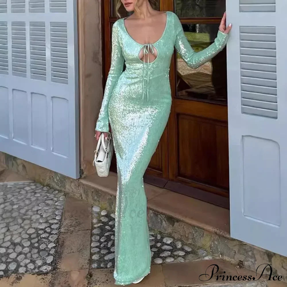 Long Sleeve Formal Occasion Dresses Sequins Elegant Maxi Dress Wedding Christmas Party Green / Xs