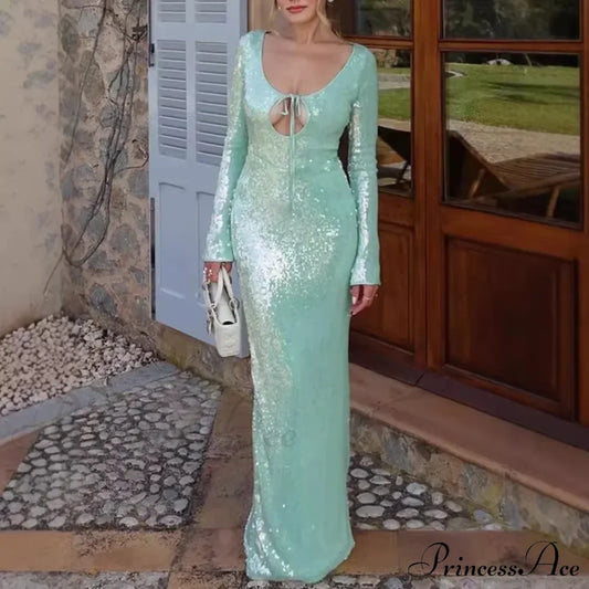 Long Sleeve Formal Occasion Dresses Sequins Elegant Maxi Dress Wedding Christmas Party Dresses-L