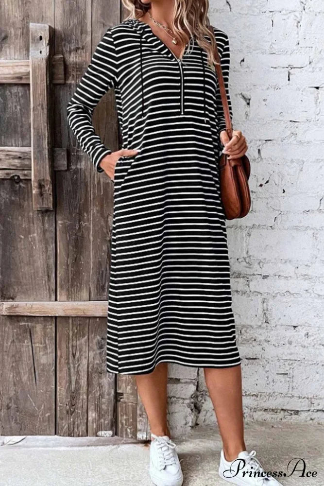 Long Sleeve Hooded Dress With Stripes Black / L Midi Dresses