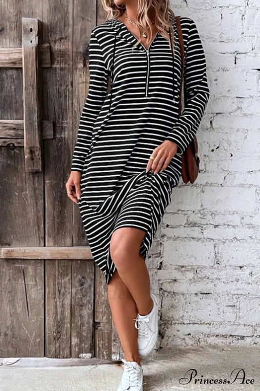 Long Sleeve Hooded Dress With Stripes Black / M Midi Dresses