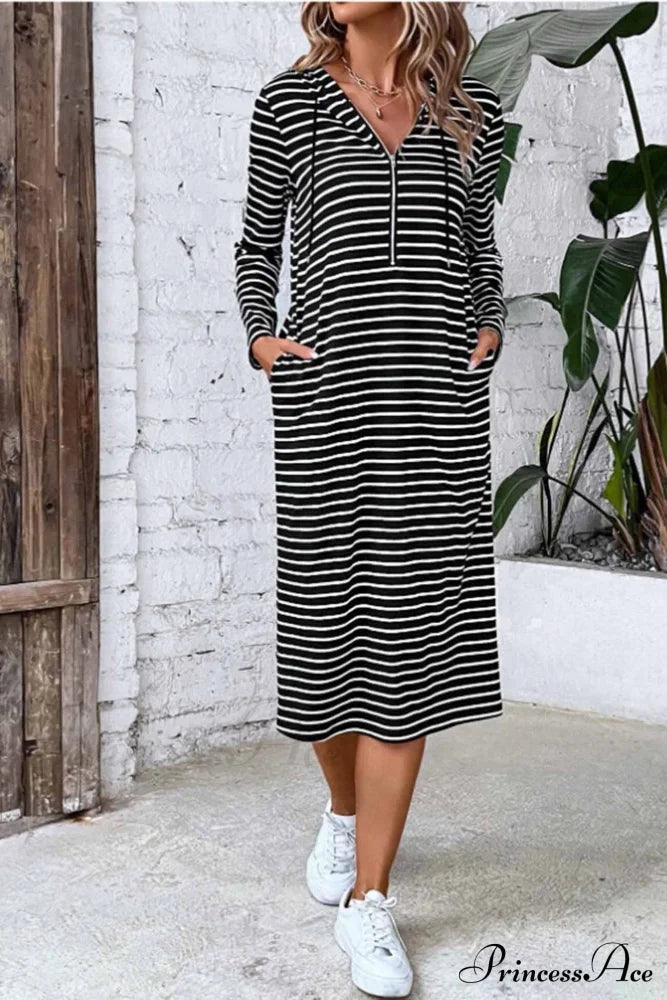 Long Sleeve Hooded Dress With Stripes Black / S Midi Dresses