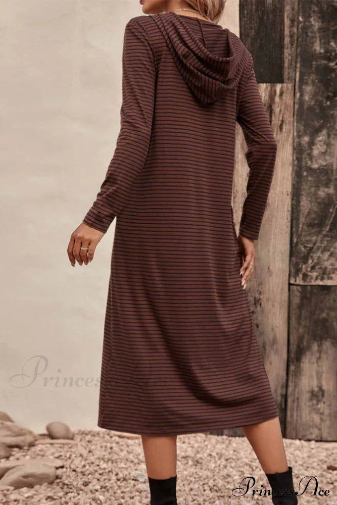 Long Sleeve Hooded Dress With Stripes Midi Dresses