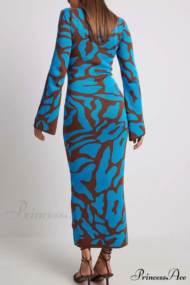 Long Sleeve Knitted Dress With Contrast Color Blue / M Maxi Dresses