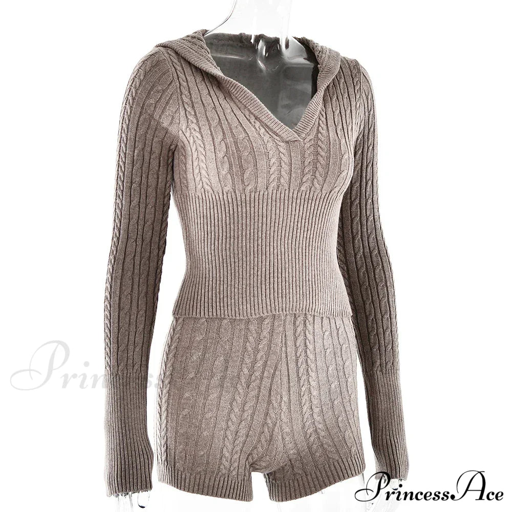 Long Sleeve Knitted V-Neck Graceful Hooded Sweater And Shorts Set Sweaters-L