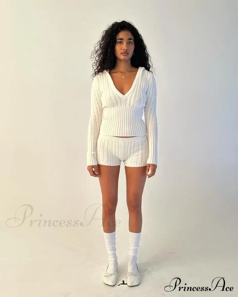 Long Sleeve Knitted V-Neck Graceful Hooded Sweater And Shorts Set Sweaters-L