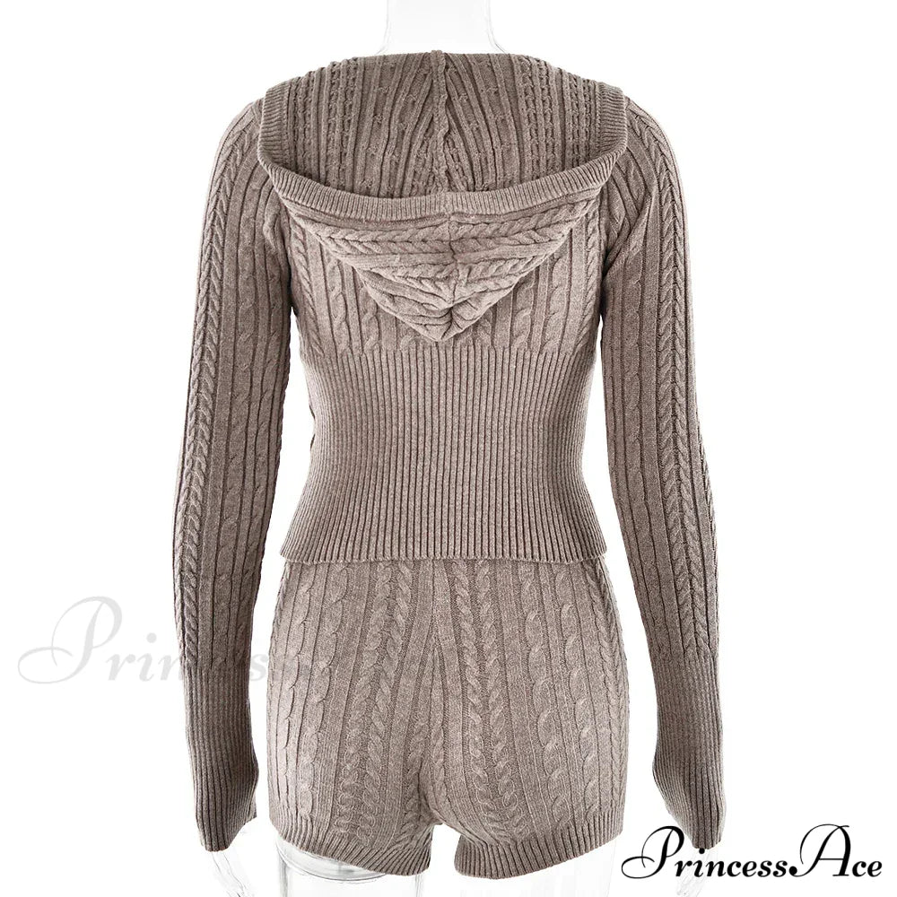 Long Sleeve Knitted V-Neck Graceful Hooded Sweater And Shorts Set Sweaters-L