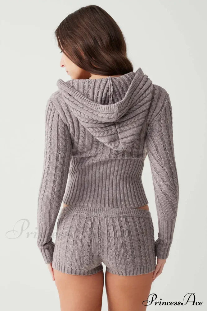 Long Sleeve Knitted V-Neck Graceful Hooded Sweater And Shorts Set Sweaters-L