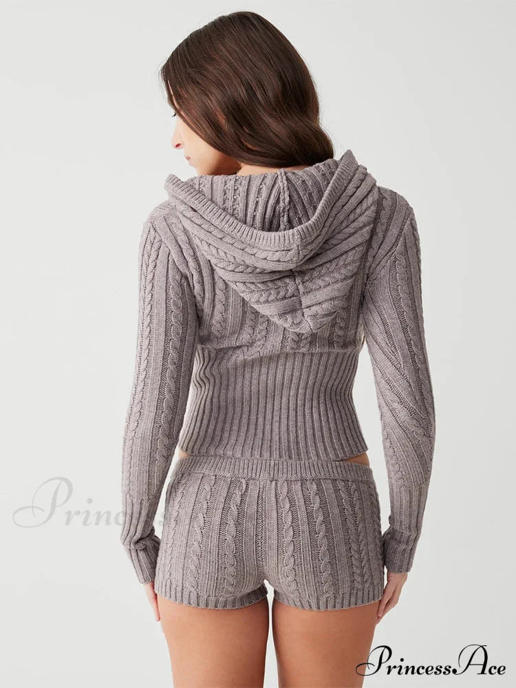 Long Sleeve Knitted V-Neck Graceful Hooded Sweater And Shorts Set Sweaters-L