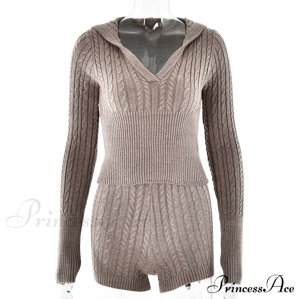 Long Sleeve Knitted V-Neck Graceful Hooded Sweater And Shorts Set Sweaters-L