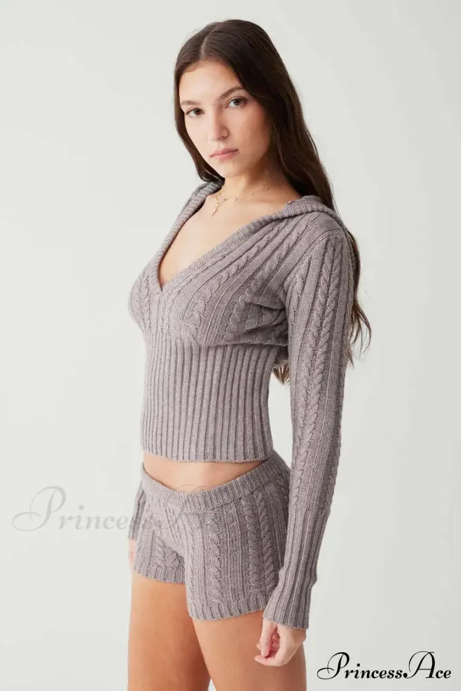 Long Sleeve Knitted V-Neck Graceful Hooded Sweater And Shorts Set Sweaters-L