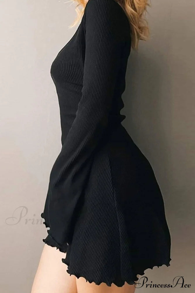 Long Sleeve Lacework Hem Dress With Round Neck Black / L Mini Dresses